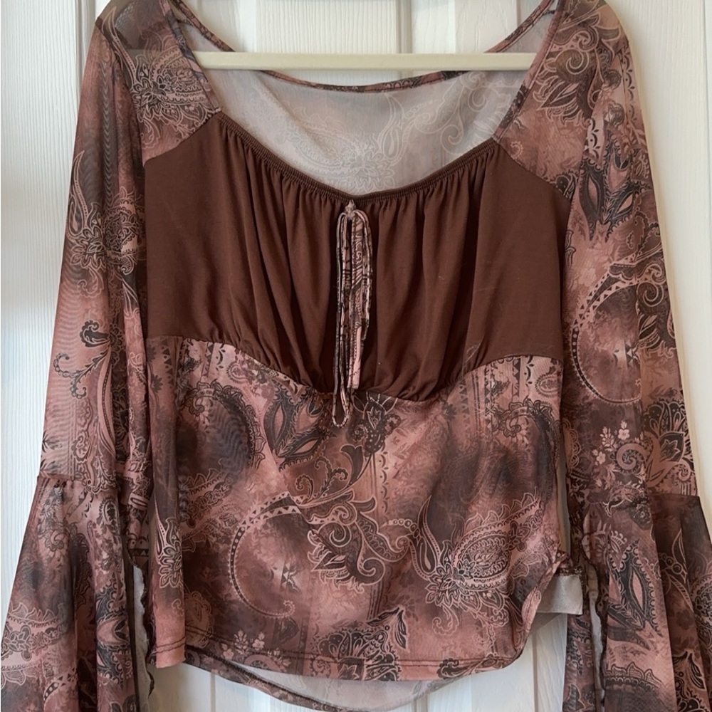 Women’s Elegant Brown Mesh Cropped, Flare Sleeve Top